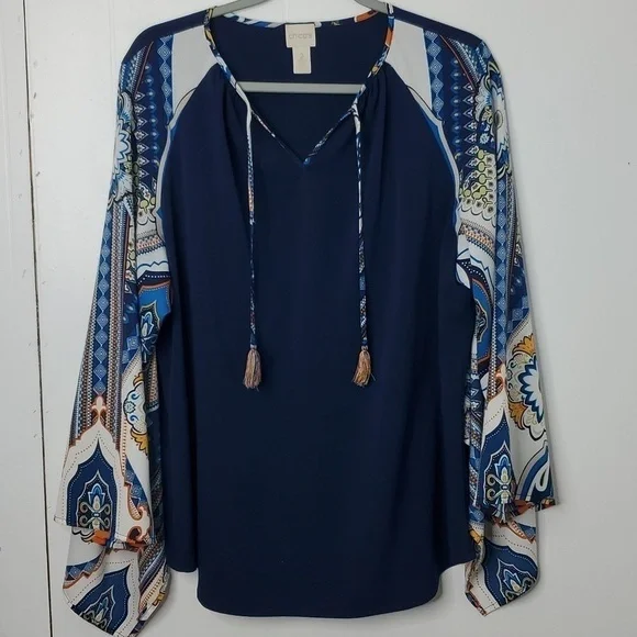 Chicos Cape Sleeve Popover Kimono Status Medallion Tassel Neck Flowy Womens 2 L - Picture 2 of 13